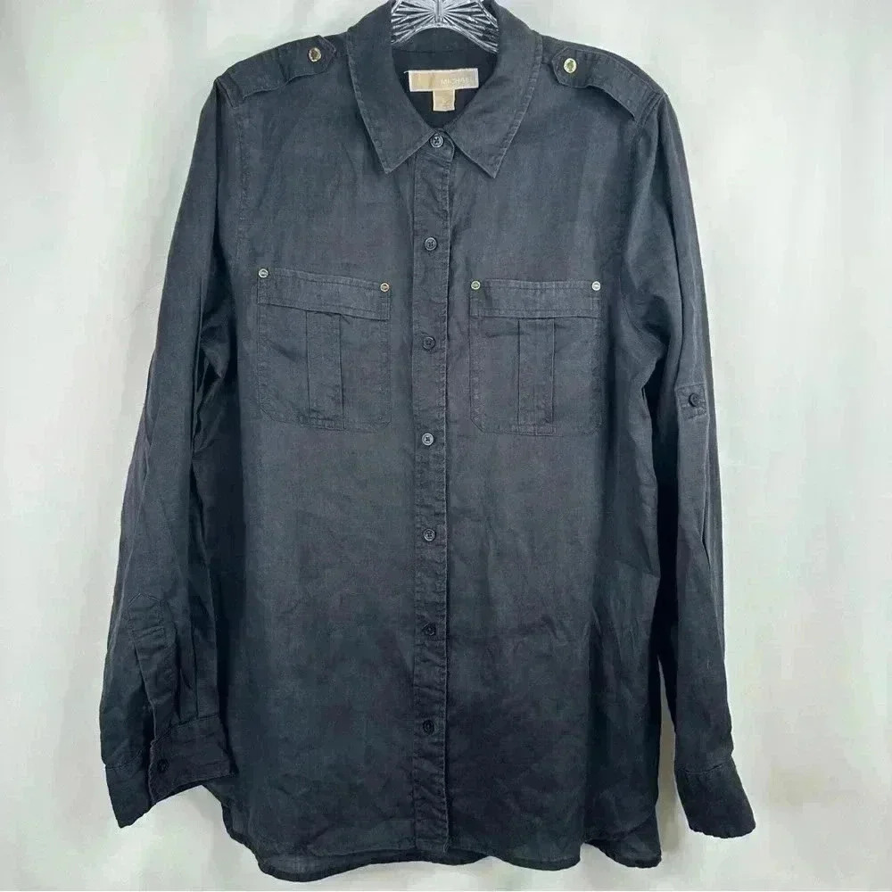 NWOT Michael Kors Womens Button Down Rami Blouse Navy Blue Golden Accents Size L